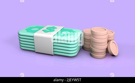 Banknoten und Münzen auf violettem Hintergrund. 3D Darstellung von Geld wiedergeben. Stockfoto