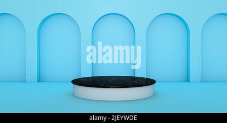 Blaue 3D Hintergrund Produkt Display schwarzen Marmor Podium Szene mit modernen und minimalistischen Plattform. 3D Rendering Hintergrund mit Podium. Produktdisplay Stockfoto