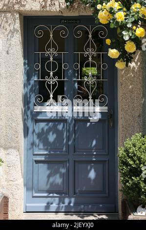 Wunderschöne alte Haustür mit gelben Rosen gerahmt Stockfoto