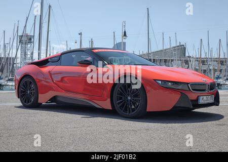 BARCELONA, SPANIEN-9. JUNI 2022: BMW i8 Roadster in Barcelona Stockfoto