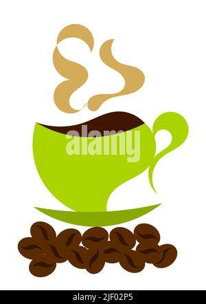 Dampfender Kaffee in grüner Kaffeetasse und ganze Bohnen im Cartoon-Stil Stock Vektor