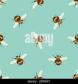 Nahtloses Muster mit Bienen auf farbigem Hintergrund. Kleine Wespe. Vektorgrafik. Entzückende Cartoon-Figur. Design für Einladung, Karten, Textil Stock Vektor