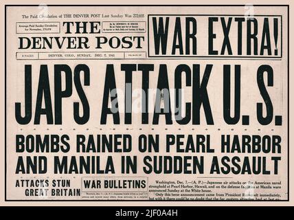 PEARL HARBOR Dez 7. 1941 Schlagzeile der Zeitung „war Extra! JAPS GREIFEN US-Bomben an, die auf Pearl Harbor und Manila in plötzlichem Angriff regneten“, titelt die Denver Post-Titelseite „Splash“, die Amerika in den zweiten Weltkrieg WW2 brachte Stockfoto
