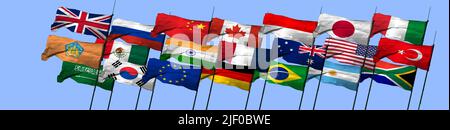 Eine Illustration aus dem jahr 3D von wehenden Flaggen von Ländern mit G20 Gruppenmitgliedern mit Fahnenmasten auf blauem Hintergrund Stockfoto