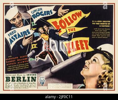 Vintage Movie Poster 'Follow the Fleet' mit Ginger Rogers & Fred Astaire 1936 Ein 21-Kanonen-Gruß zur Freude einer Nation! Mit Randolph Scott, Harriet Hilliard, Arid Allwyn. Musik und Texte von Irving Berlin RKO Radio Picture Stockfoto