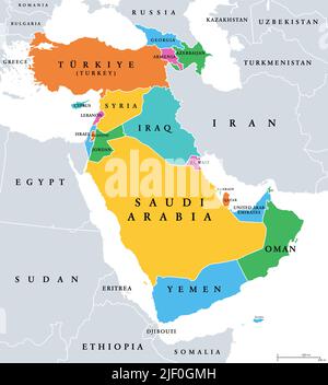 Westasien, Geoseme und politische Karte. Subregion von Asien, für statistische Zwecke verwendet. Stockfoto