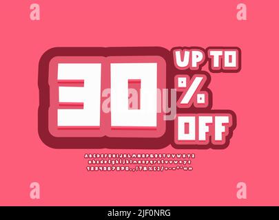 Kreatives Banner dreißig Prozent bis aus mit rotem Hintergrund. Helle moderne Schrift mit Buchstaben, Zahlen, Zeichen Stock Vektor