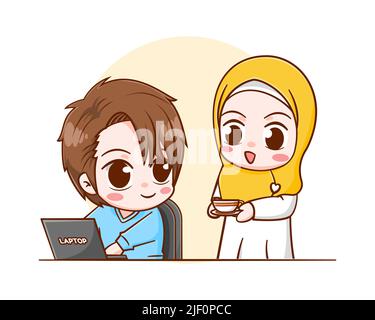 Nette Frau geben eine Tasse Kaffee Cartoon Illustration Stock Vektor