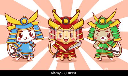 Niedliche Katzen Samurai Trio Cartoon Illustration Stock Vektor