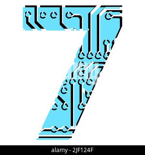 Ziffer 7 perforiert mit Leiterplattenschienen auf weiß isoliert. Farbige Ziffer für Schlagzeilen der modernen digitalen Welt. Vektordesign-Element. Stock Vektor