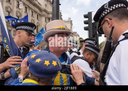 London, England, Großbritannien. 28. werden 2022 Polizisten gesehen, die den Anti-Brexit-Aktivisten STEVE BRAY warnen, der in Westminster protestiert, wenn neue Gesetze in Kraft treten Stockfoto