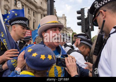 London, England, Großbritannien. 28. werden 2022 Polizisten gesehen, die den Anti-Brexit-Aktivisten STEVE BRAY warnen, der in Westminster protestiert, wenn neue Gesetze in Kraft treten Stockfoto
