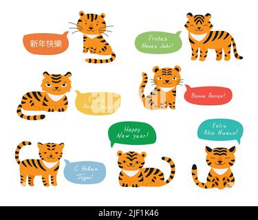 Tigers Frohe Neujahrsgrüße in verschiedenen Sprachen: Englisch, Französisch, Spanisch, Deutsch, Russisch, Chinesisch. Stock Vektor