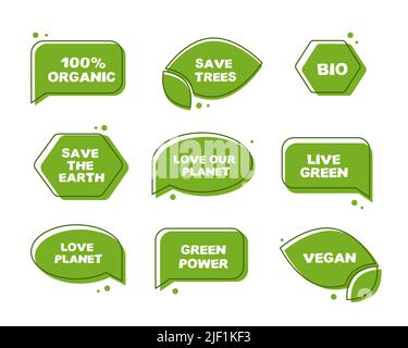 Ökologische grüne Aufkleber. Eco Illustrationen Thema der Rettung des Planeten. Stock Vektor