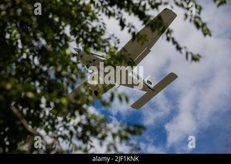 Ein kleines Flugzeug fliegt am sonnigen Sommertag über den Himmel Stockfoto