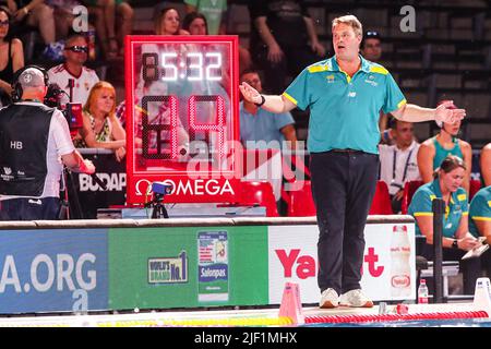 BUDAPEST, UNGARN - 28. JUNI: Cheftrainer Paul Oberman aus Australien während der Finalspiel der FINA World Championships Budapest 2022 Quarter Australia gegen Hungary am 28. Juni 2022 in Budapest, Ungarn (Foto: Albert ten Hove/Orange Picts) Stockfoto