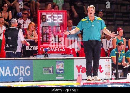 BUDAPEST, UNGARN - 28. JUNI: Cheftrainer Paul Oberman aus Australien während der Finalspiel der FINA World Championships Budapest 2022 Quarter Australia gegen Hungary am 28. Juni 2022 in Budapest, Ungarn (Foto: Albert ten Hove/Orange Picts) Stockfoto