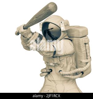 astronaut greift mit einem Baseballschläger Pose drei, 3d-Illustration Stockfoto