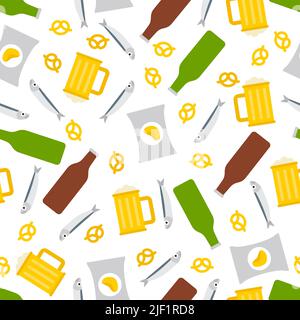 Bier- und Snackmuster nahtlos. Fisch und Chips und ein Becher Bier Hintergrund. Pub Zeichen Textur Stock Vektor