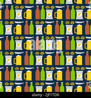 Bier- und Snackmuster nahtlos. Fisch und Chips und ein Becher Bier Hintergrund. Pub Zeichen Textur Stock Vektor