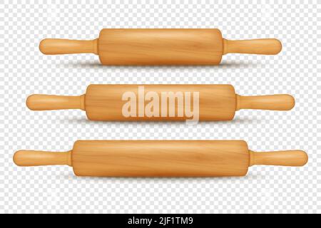 Vector 3D realistische Strukturierte Holz Rolling Pin Icon Set isoliert. Kitchen Dough Roller, Design-Vorlage von Teig Rollen Pin für Bäckerei. Anders Stock Vektor