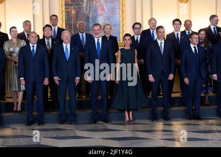 Madrid. Spanien. 20220628, König von Spanien, Königin Letizia von Spanien, Joe Biden, Alexander De Croo, Justin Trudeau, Mette Frederiksen, Emmanuel Macron, Katrin Jakobsdottir, Mario Draghi, Xavier Bettel, Mark Rutte, Jonas Gahr Store, Antonio Costa, Boris Johnson, Kyriakos Mitsotakis, Olaf Scholz, Pedro Sanchez, Premierminister, Viktor Orban, Mateusz Morawiecki, Boiko Borísov, Eduard Heger, Janez Jansa, Kaja Kallas, Arturs Krišjānis Kariņš, Ingrida Šimonytė, Nicolae Ciucă, Edi Rama, Andrej Plenković, Zdravko Krivokapic, Dimitar Kovačevski, Jacinda Ardern, Yoon Suk-yeol, Anthony Albanese, Fumi Stockfoto