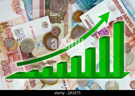 Wirtschaftsdiagramm: Russischer Rubel und steigender Pfeil Stockfoto