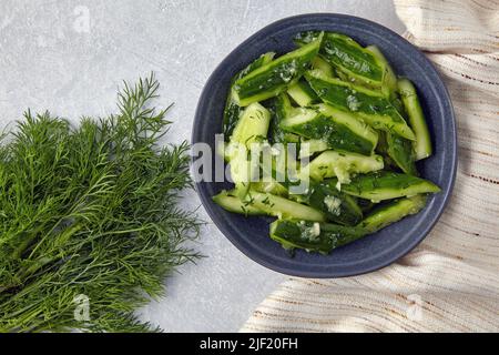 Zertrümmerte leicht gesalzene, gebrochene Gurken in einer Keramikschale, umgeben von Dill und Küchenhandtuch-Serviette Stockfoto