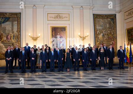 28. Juni 2022, Madrid, Madrid, Spanien: König von Spanien, König von Spanien, Königin Letizia von Spanien, Joe Biden, Alexander De Croo, Justin Trudeau, Mette Frederiksen, Emmanuel Macron, Katrin Jakobsdottir, Mario Draghi, Xavier Bettel, Mark Rutte, Jonas Gahr Store, Antonio Costa, Boris Johnson, Kyriakos Mitsotakis, Olaf Scholz, Pedro Sanchez, Premierminister, Viktor Orban, Mateusz Morawiecki, Boiko BorÃ-sov, Eduard Heger, Janez Jansa, Kaja Kallas, Arturs KriÅ¡jÄnis KariÅ†Å¡, Ingrida Å imonytÄ-, Nicolae CiucÄƒ, Edi Rama, Andrej PlenkoviÄ‡, Zdravko Krivokapic, Dimitar KovaÄevski, Jacinda Ardern, Yoon Suk-yeol, Stockfoto