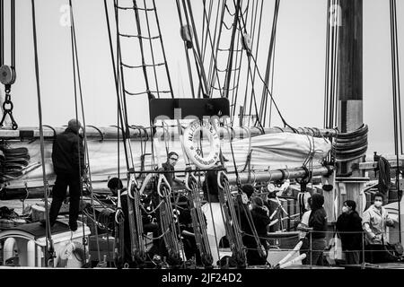 Ausbildung von Besatzungsmitgliedern des Schoners Bluenose II in Lunenburg, Nova Scotia, Kanada. Stockfoto