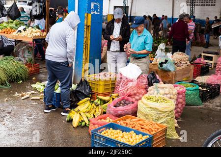 El Santurio, Antioquia - Kolumbien. 26. Juni 2022. Ausstellung von Obst und Gemüse auf einem traditionellen kolumbianischen Marktplatz Stockfoto