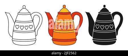 Set mit Teekessel-Symbolen. Doodle Cartoon-Stil oder Stempel einfache Kontur Getränk Zeichen, Retro-rustikalen Geschirr. Kettle Symbol Umriss Vektor für Spiel, Web-Design oder App, ui-Logo gezeichnet Stock Vektor