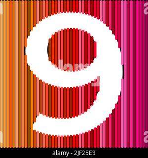 Kreatives Layout. Geburtstagskarte mit der Nummer fünf zum 9.. Geburtstag auf Regenbogenhintergrund. Jubiläumskonzept. Draufsicht. Speicherplatz kopieren. Stylische, farbenfrohe Figur auf einem Stock Vektor