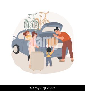 Laden Auto isoliert Cartoon Vektor Illustration. Familienmitglieder beladen Taschen in einem Auto, Fahrräder auf dem Dach, gehen zusammen Camping, Kinder helfen Eltern, gehen in den Urlaub Vektorgrafik Cartoon. Stock Vektor