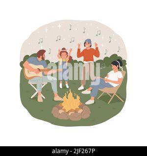 Gitarre Lagerfeuer Songs isoliert Cartoon Vektor Illustration. Eltern spielen Gitarre, Familie sitzt am Lagerfeuer, singen gemeinsam Lied, Camping-Nacht-Aktivität, Sommerurlaub Vektor-Cartoon. Stock Vektor