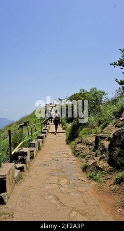 Ooty, Tamilnadu, Indien-Juni 04 2022: Touristen wandern in Ooty, um den Sightseeing-Ort Needle Rock Aussichtspunkt oder Suicide Point zu genießen. Bester Wanderort c Stockfoto