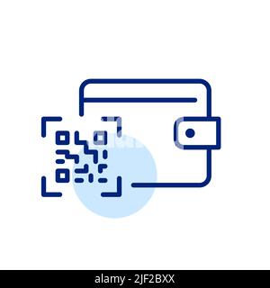 Scannen von QR-Codes mit einer Brieftasche als kontaktlose Zahlung. Pixel-perfektes, bearbeitbares Strichliniensymbol Stock Vektor