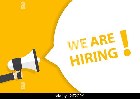 Hand halten Megaphon mit Wir stellen Sprechblasenbanner Vektor mit Kopieplatz für Unternehmen, Marketing, Flyer, Banner, Präsentationen, Und Pos. Stock Vektor