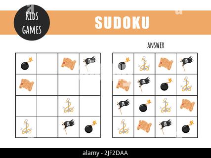 Sudoku für Kinder. Aktivitätsblatt für Kinder. Puzzle-Spiel mit Piraten-Elemente. Bildungs- und Freizeitkonzept. Vektor-Illustration im flachen Cartoon-Stil Stock Vektor