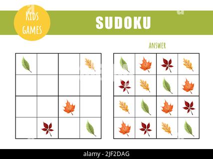 Sudoku für Kinder. Aktivitätsblatt für Kinder. Puzzle-Spiel mit Herbstblättern. Bildungs- und Freizeitkonzept. Vektor-Illustration im flachen Cartoon-Stil Stock Vektor
