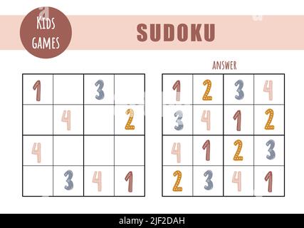 Sudoku für Kinder. Aktivitätsblatt für Kinder. Puzzle-Spiel mit Boho-Zahlen. Bildungs- und Freizeitkonzept. Vektor-Illustration im flachen Cartoon-Stil Stock Vektor