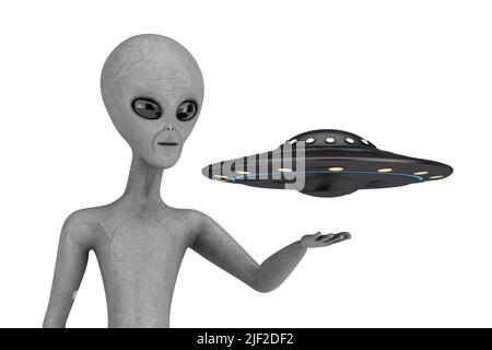 Alien UFO Raumschiff oder fliegende Untertasse über Scary Grey Humanoid Alien Hand auf weißem Hintergrund. 3D Rendering Stockfoto