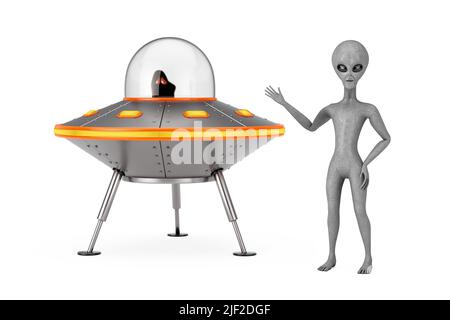 Scary Grey Humanoid Alien in der Nähe von niedlichen Raumschiff Cartoon UFO auf einem weißen Hintergrund. 3D Rendering Stockfoto
