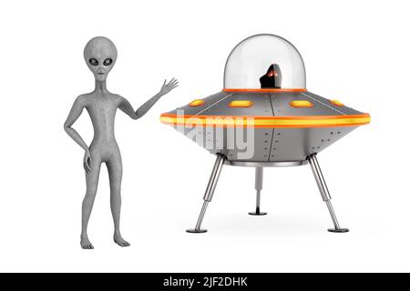 Scary Grey Humanoid Alien in der Nähe von niedlichen Raumschiff Cartoon UFO auf einem weißen Hintergrund. 3D Rendering Stockfoto