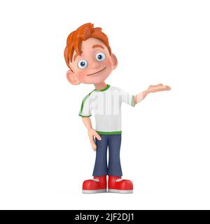 Cartoon Little Boy Teen Person Figur Maskottchen Punkte eine offene Handfläche auf einen leeren Platz für Ihr Design auf einem weißen Hintergrund. 3D Rendering Stockfoto