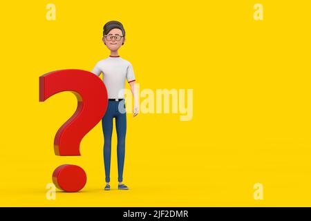 Cartoon Charakter Person Mann mit rotem Fragezeichen Zeichen auf einem gelben Hintergrund. 3D Rendering Stockfoto