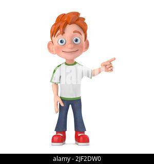 Cartoon Little Boy Teen Person Figur Maskottchen Punkte einen Finger auf einen leeren Platz für Ihr Design auf einem weißen Hintergrund. 3D Rendering Stockfoto