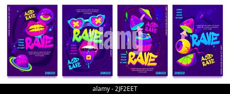 Psychedelische Rave Trip Party Banner Template Set, Mund mit Zunge und Zähnen, Augenball, Drogen, Pilze und herzförmige Gläser, saurer Hintergrund. Vektor Cartoon horizontale zeitgenössische Hippie-Poster Stock Vektor