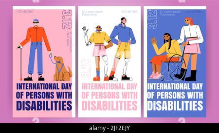 Plakate zum Internationalen Tag der Menschen mit Behinderungen. Vektor-Banner mit flacher Illustration von Mädchen im Rollstuhl, blind mit Blindenhund, Mann und Frau mit Prothese Stock Vektor