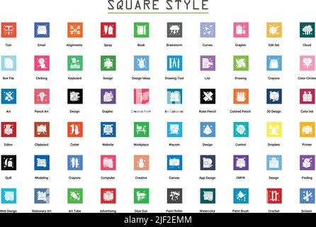 Kunst & Design, Zeichnung und Web- und Grafikdesign-Ikonen gesetzt. Glyphe-Vektor-Grafik mit flacher Darstellung. Stock Vektor